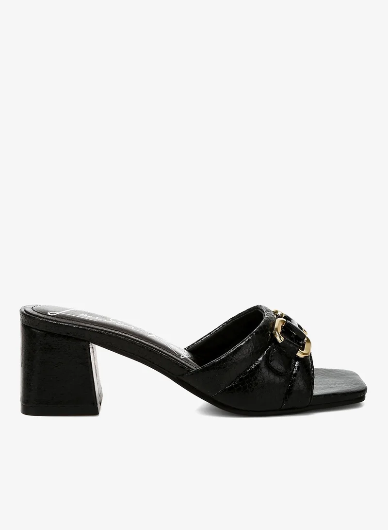 Black Horsebit Detail Snake Print Sandals