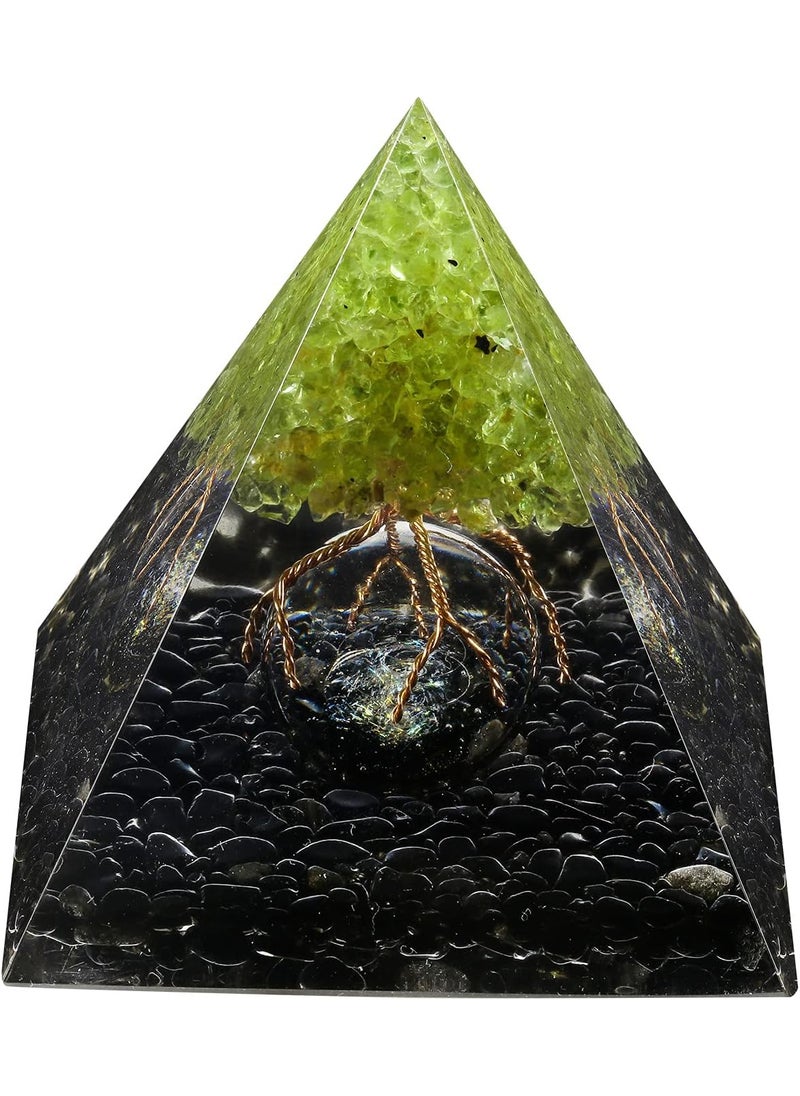 mookaitedecor mookaitedecor Peridot Tree of Life Orgone Pyramid with Obsidian Tumbled Stones and Glass Crystal Ball, Reiki Healing Meditation Energy Generator for Protection Home Decor 