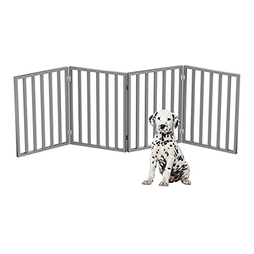 Pet Gate 4Panel Indoor Foldable Dog Fence for Stairs Hallways or Doorways 72x24Inch Retractable Wood Freestanding Dog Gates by PETMAKER Gray