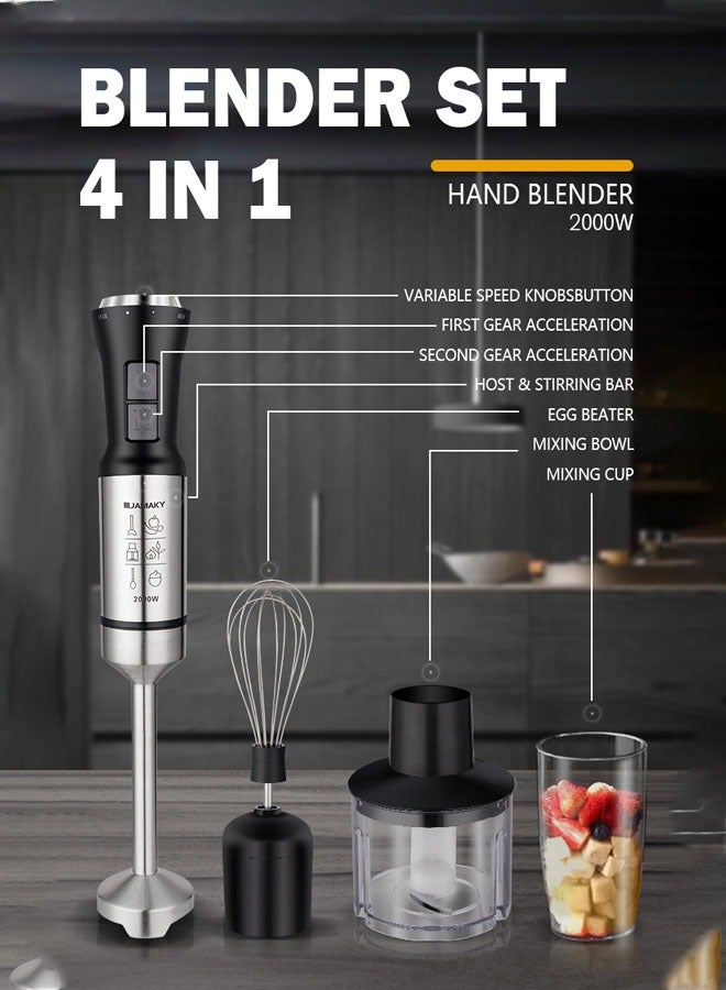 JAMAKY 4-in-1 Electric Hand Blender,Handheld Blender,Whisk,350ml Chopper Stainless Steel Blades,700ml Beaker, 2000 W,JMK3006A Black/Silver - Image 4