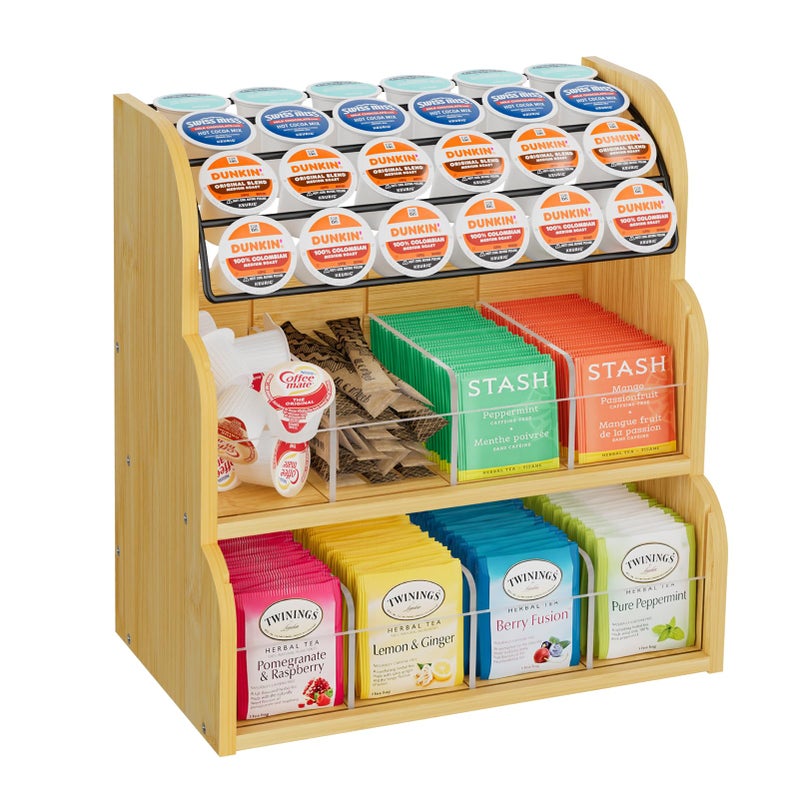 LASZOLA Bamboo Tea Bag Organizer with Metal Coffee Pods Holder, Tea Bag Storage Box Caddy Rack Dispenser Shelf for Tea Bag Organizer, Sugar Packet Station Container for Countertop Cabinet Office - Image 1