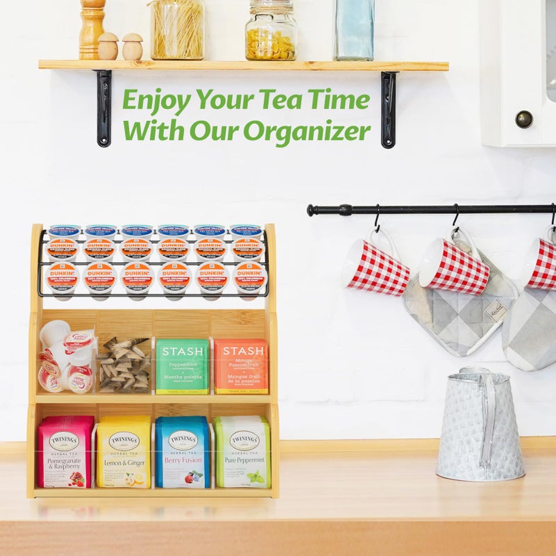 LASZOLA Bamboo Tea Bag Organizer with Metal Coffee Pods Holder, Tea Bag Storage Box Caddy Rack Dispenser Shelf for Tea Bag Organizer, Sugar Packet Station Container for Countertop Cabinet Office - Image 5