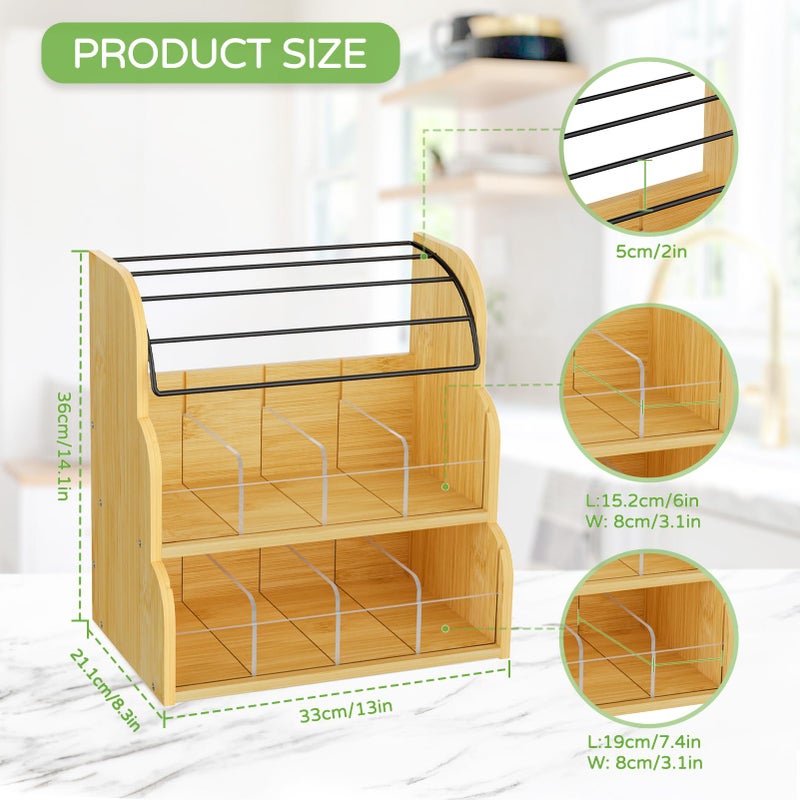 LASZOLA Bamboo Tea Bag Organizer with Metal Coffee Pods Holder, Tea Bag Storage Box Caddy Rack Dispenser Shelf for Tea Bag Organizer, Sugar Packet Station Container for Countertop Cabinet Office - Image 2