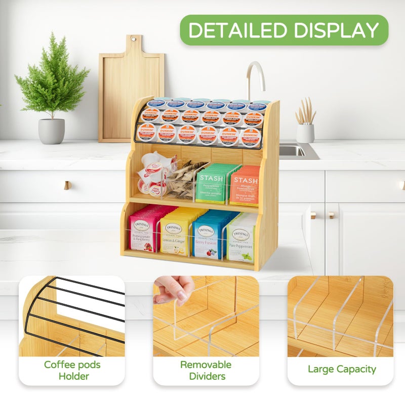 LASZOLA Bamboo Tea Bag Organizer with Metal Coffee Pods Holder, Tea Bag Storage Box Caddy Rack Dispenser Shelf for Tea Bag Organizer, Sugar Packet Station Container for Countertop Cabinet Office - Image 3