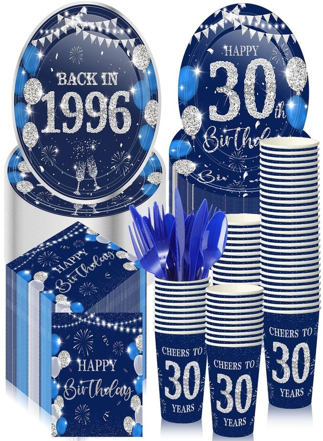 Ninehaoou 240 Pcs 30th Birthday Decorations Birthday Party Tableware Include Birthday Plates and Napkins 9oz Cups Cutlery Birthday Party Supplies Dinnerware Serve 30 Guests for Men Women (Blue Silver) - Image 1
