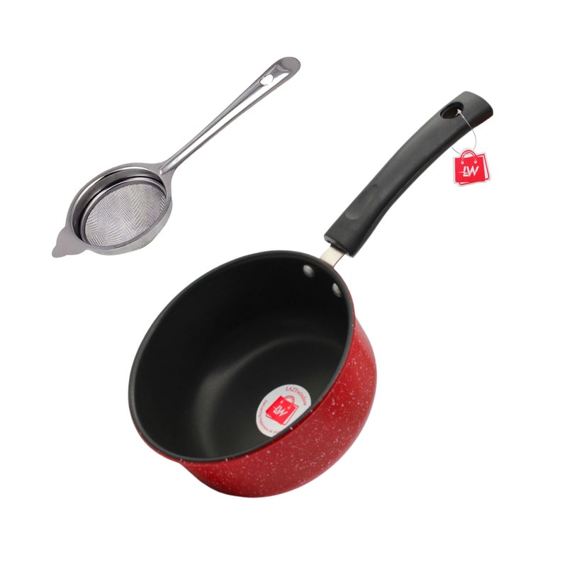 LAZYwindow Nonstick Sauce Pan with Tea Strainer, 1.5L, Chai Chalni Combo - Image 1