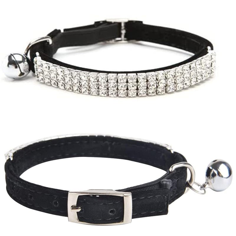CHUKCHI Soft Velvet Safe Cat Adjustable Collar Bling Diamante with Bells,11 inch for Small Dogs and Cats (Black) - Image 3