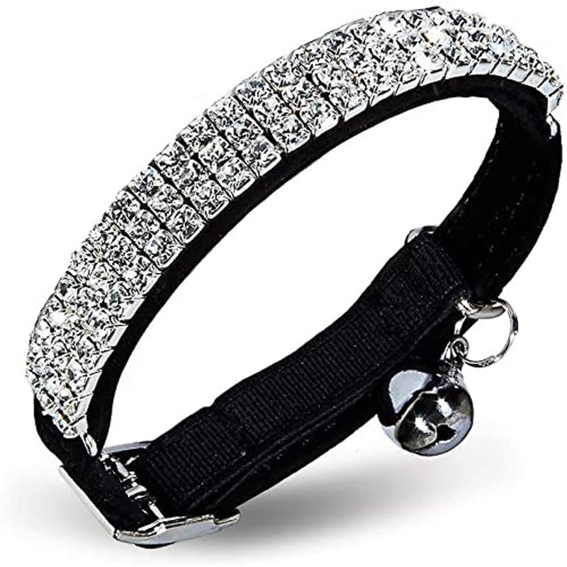 CHUKCHI Soft Velvet Safe Cat Adjustable Collar Bling Diamante with Bells,11 inch for Small Dogs and Cats (Black) - Image 1