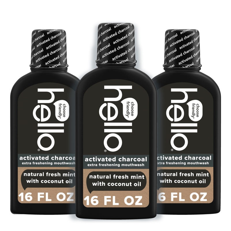 Hello Activated Charcoal Extra Freshening Mouthwash Natural Fresh Mint and Coconut Oil Fluoride Free Alcohol Free Vegan SLS Free and Gluten Free 16 Fl Oz Pack of 3