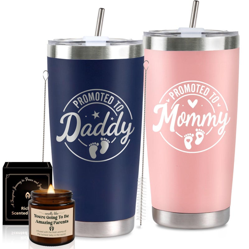 CUPLOOV Pregnancy Gifts for New Parents, Mommy and Daddy 20Oz Tumbler Set, Cool Gifts Set Ideas for Couples,First Time Moms Dad to Be, New Parents on Mother's Day Father's Day Christmas Gift(Pink & Navy Blue) - Image 1