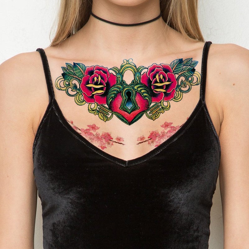 تافلي طقم ملصق تاتو مؤقت من 12 قِطعة بتصميم قلب مع قفل وزهور - Image 1