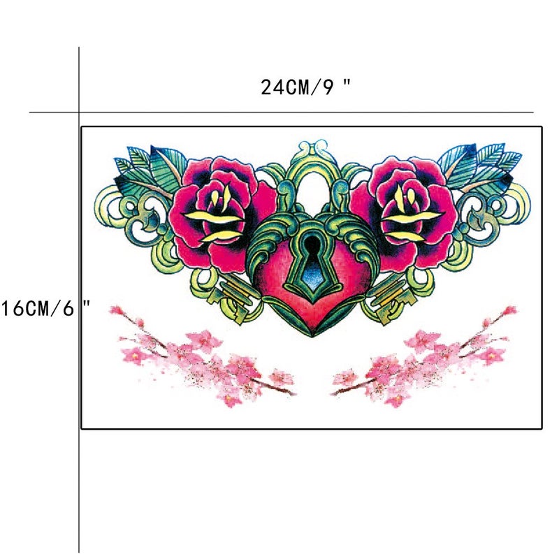 تافلي طقم ملصق تاتو مؤقت من 12 قِطعة بتصميم قلب مع قفل وزهور - Image 2