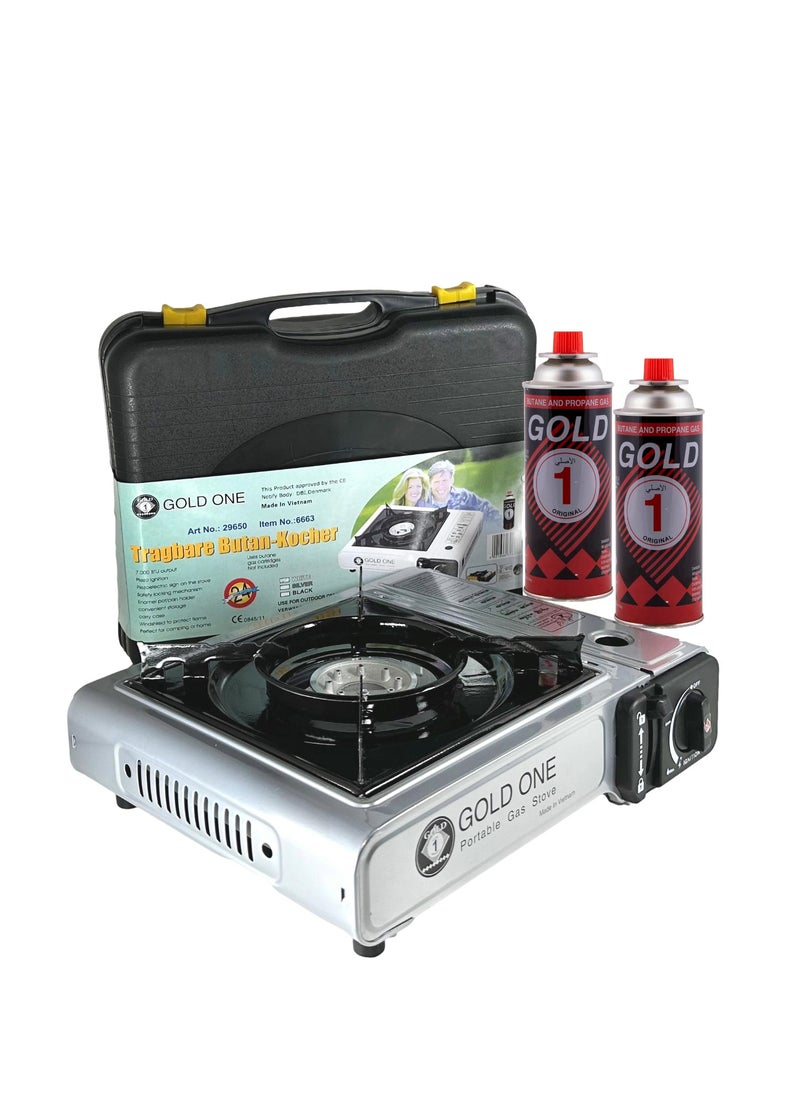 GOLD ONE Camping Stove with 2 Pieces Butane Gas Canisters and Carry Box 