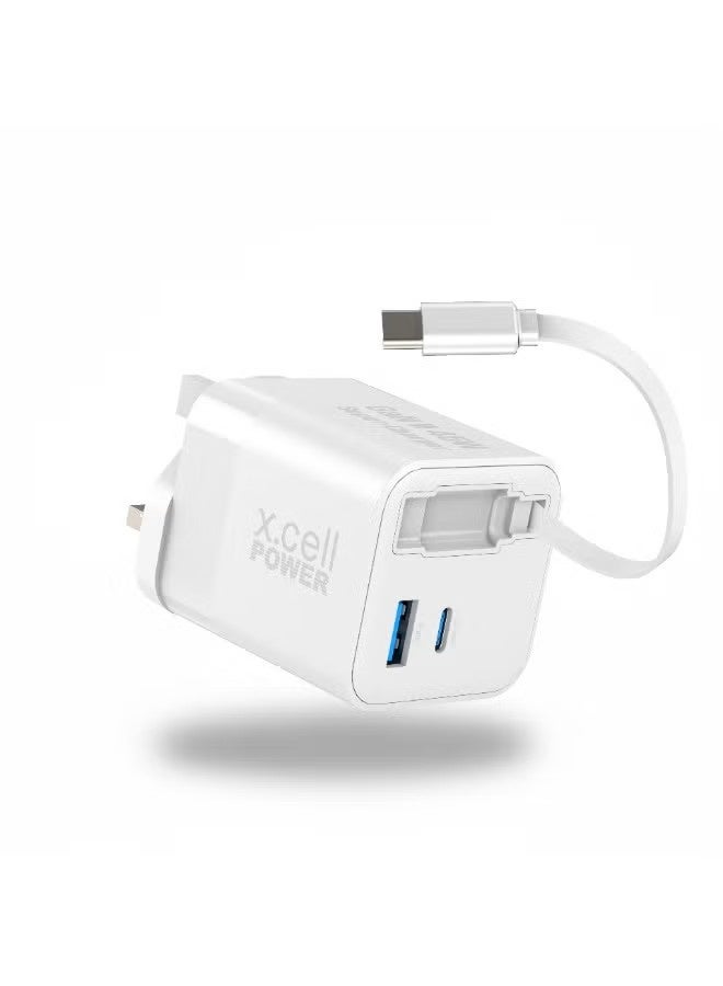 Xcell 45W GaN II USB-C Fast Charger with 65cm Retractable Cable, 3-Port Fast Charging (2 USB-C PD + USB-A QC 3.0), PPS Support, Compact Wall Charger for iPhone 16/17, Samsung & USB-C Devices - Image 1
