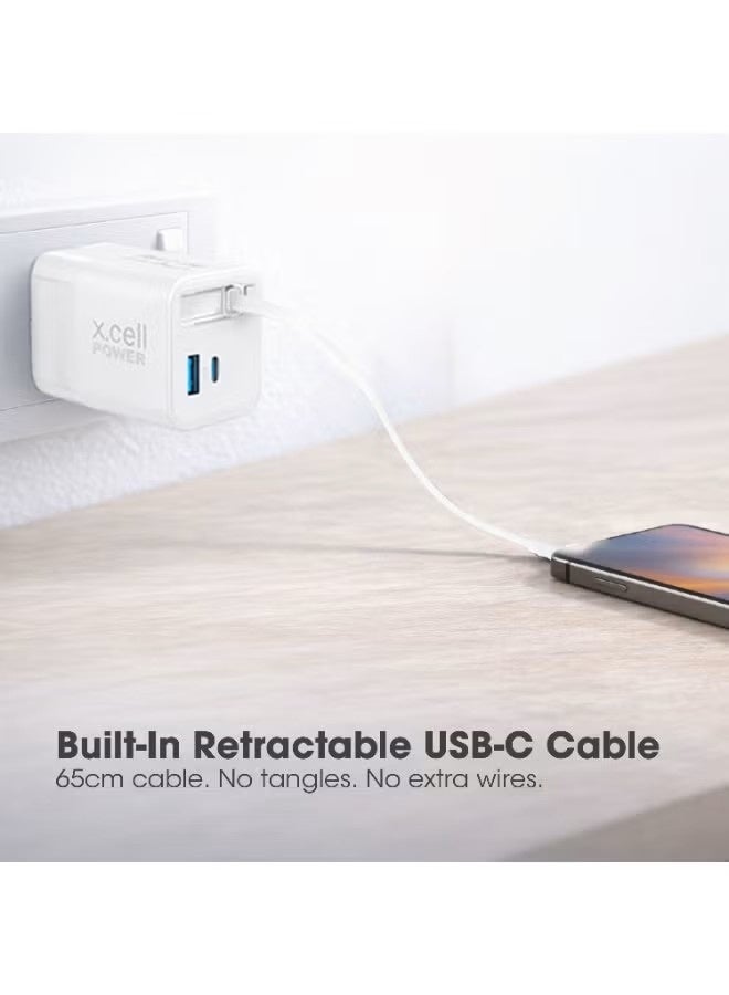 Xcell 45W GaN II USB-C Fast Charger with 65cm Retractable Cable, 3-Port Fast Charging (2 USB-C PD + USB-A QC 3.0), PPS Support, Compact Wall Charger for iPhone 16/17, Samsung & USB-C Devices - Image 4