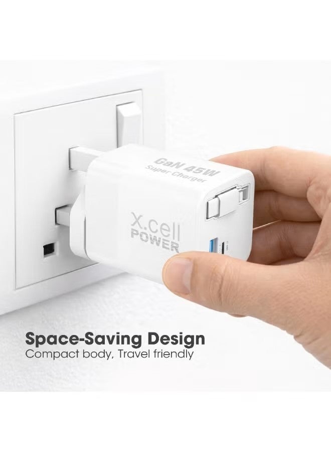Xcell 45W GaN II USB-C Fast Charger with 65cm Retractable Cable, 3-Port Fast Charging (2 USB-C PD + USB-A QC 3.0), PPS Support, Compact Wall Charger for iPhone 16/17, Samsung & USB-C Devices - Image 2