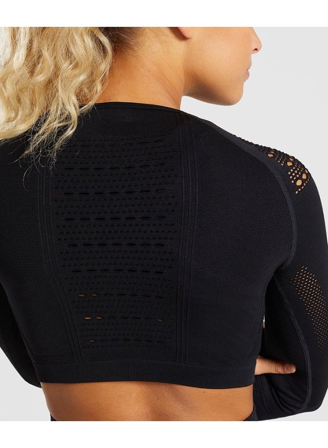 Women's 2-Piece Long sleeved Zipper exposed Navel sports suit, Seamless high waisted Sports leggings, Yoga, Fitness, Running, Daily travel (Black)  - Image 2