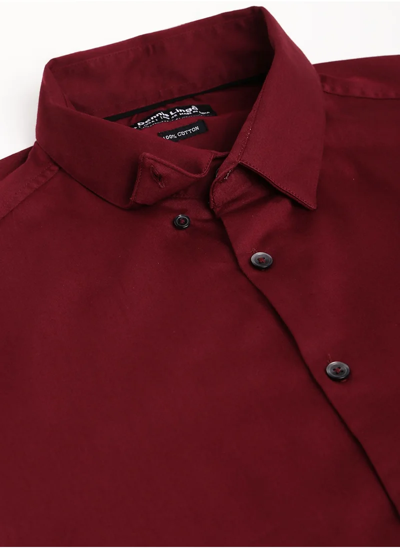 دينيس لينغو Slim Fit Wine Men's Solid Shirt, Button Down Collar, Full Sleeves, 100% Cotton,