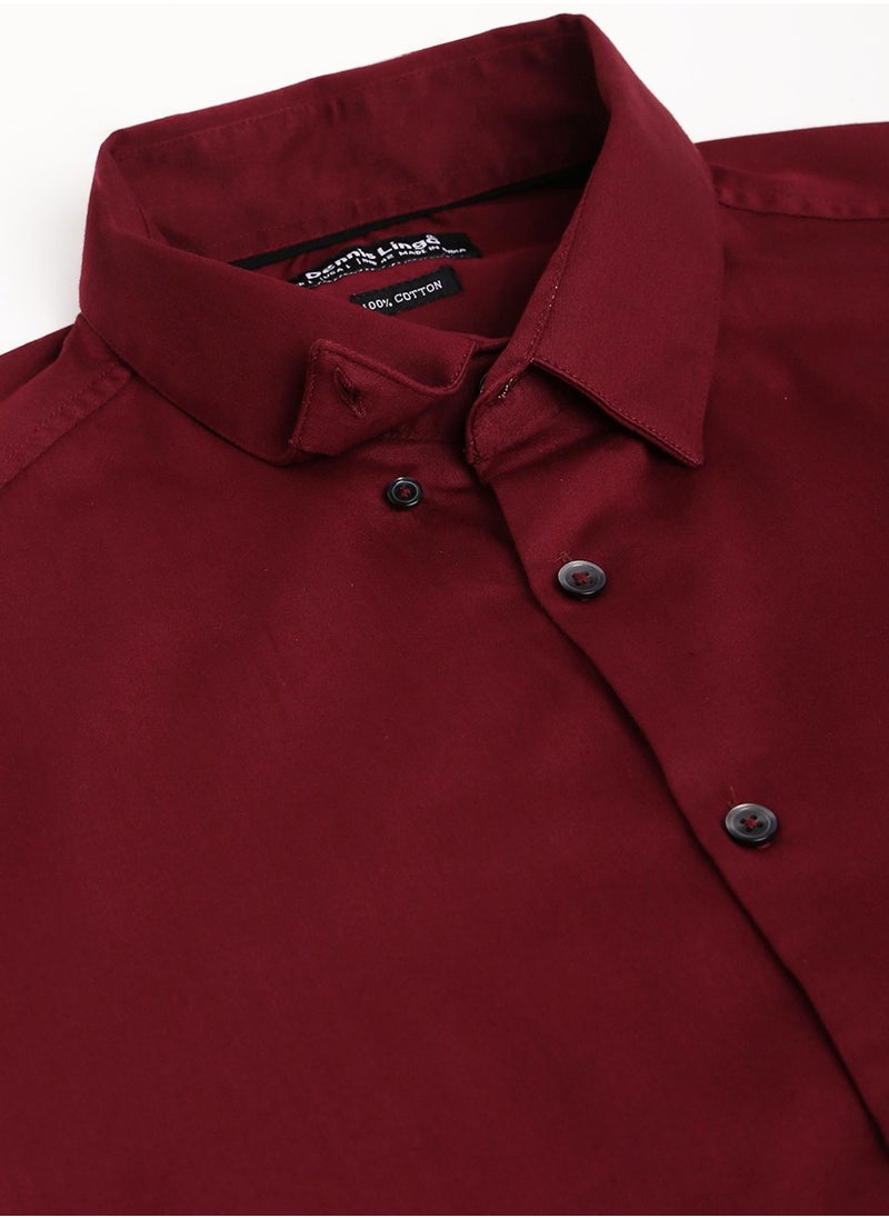 Dennis Lingo Slim Fit Wine Men's Solid Shirt, Button Down Collar, Full Sleeves, 100% Cotton,  - Image 2