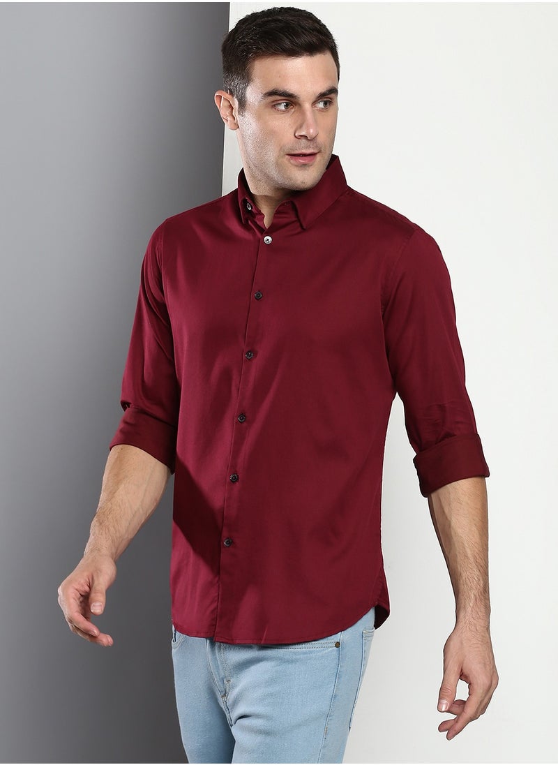 Dennis Lingo Slim Fit Wine Men's Solid Shirt, Button Down Collar, Full Sleeves, 100% Cotton,  - Image 3