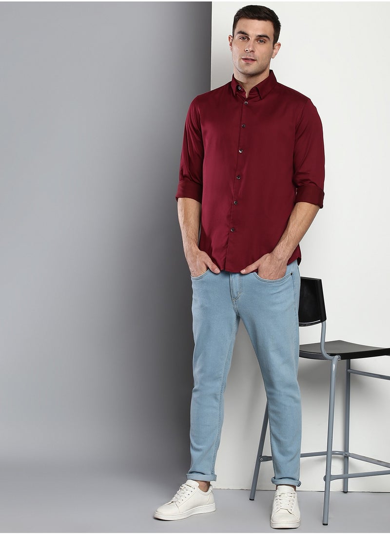 Dennis Lingo Slim Fit Wine Men's Solid Shirt, Button Down Collar, Full Sleeves, 100% Cotton,  - Image 5