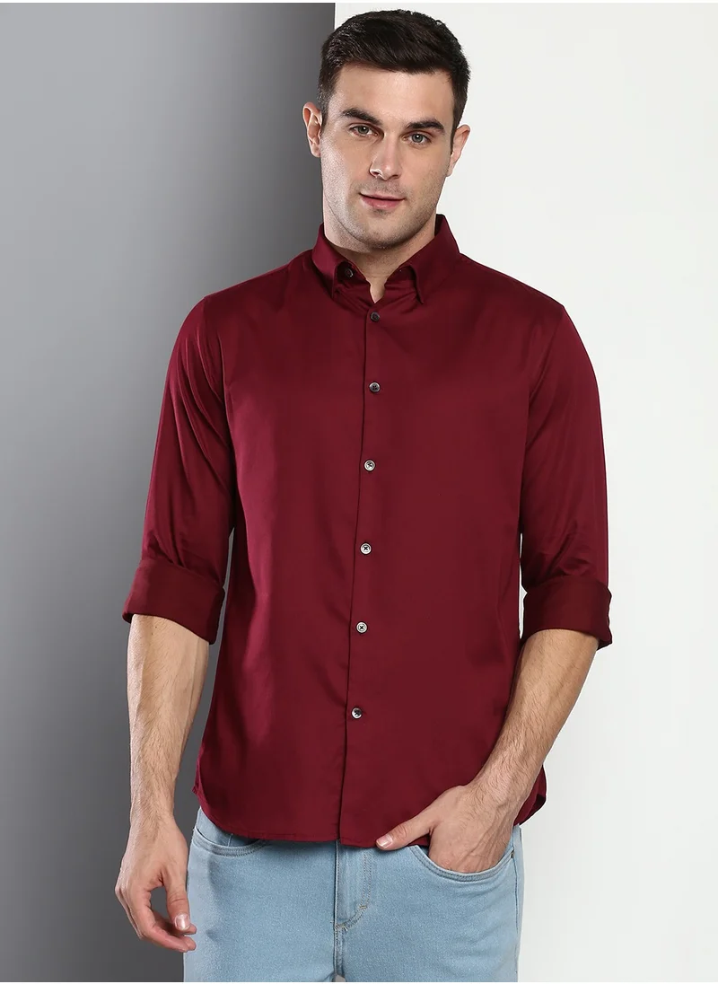 دينيس لينغو Slim Fit Wine Men's Solid Shirt, Button Down Collar, Full Sleeves, 100% Cotton,