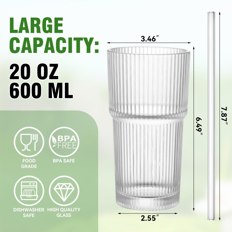 CWHHRN 20 oz Glass Cup and Straw 3 Set, Glass Tumbler with Straw, Vintage Glassware for Whiskey Cocktail Beer, Iced Coffee Cups (3 PACK) - Image 2