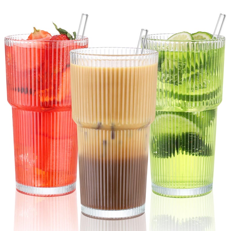 CWHHRN 20 oz Glass Cup and Straw 3 Set, Glass Tumbler with Straw, Vintage Glassware for Whiskey Cocktail Beer, Iced Coffee Cups (3 PACK) - Image 1
