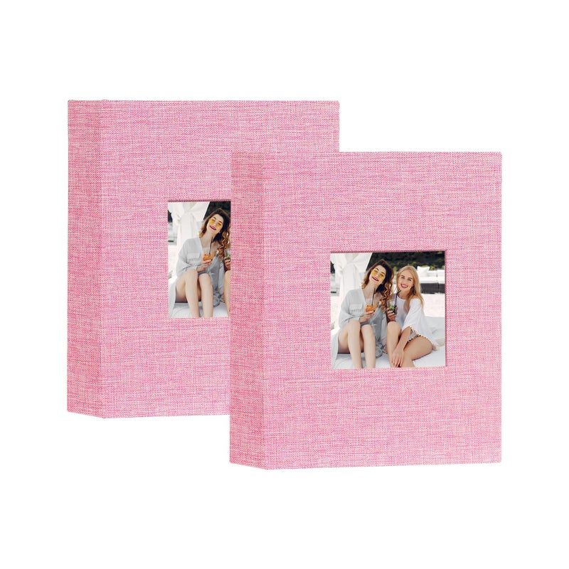 Artmag Mini Photo Album 4x6 50 Pockets 2 Pack Linen Cover with Front Window Album Each Holds 52 Vertical Photos for Family Wedding Baby Children Pink
