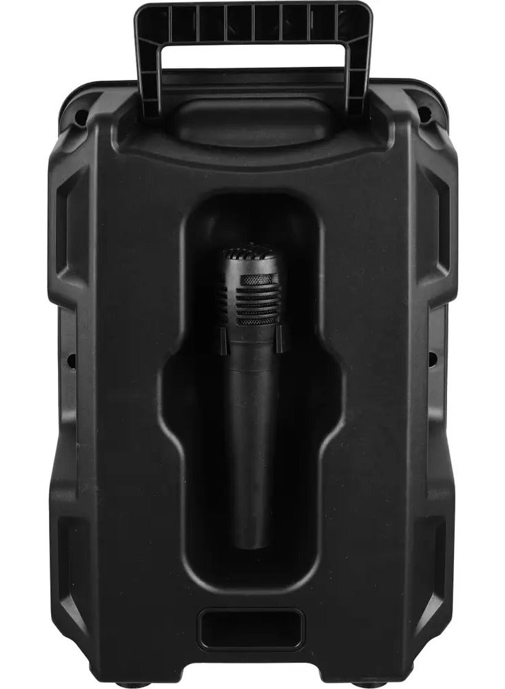 جاما مكبر صوت محمول GT-886 مع ميكروفون سلكي، ومضخم صوت (Subwoofer) مقاس 8 بوصات، وصوت قوي بقدرة 8 واط، وبطارية قابلة لإعادة الشحن بسعة 1200 مللي أمبير في الساعة، وإضاءة RGB؛ يدعم منافذ USB وبطاقة TF وAUX ومدخل ميكروفون، ومثالي لحفلات الكاريوكي. - Image 4
