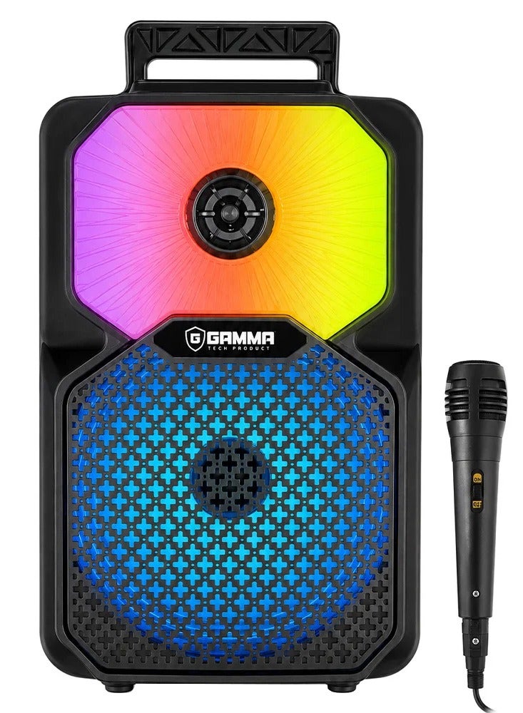 جاما مكبر صوت محمول GT-886 مع ميكروفون سلكي، ومضخم صوت (Subwoofer) مقاس 8 بوصات، وصوت قوي بقدرة 8 واط، وبطارية قابلة لإعادة الشحن بسعة 1200 مللي أمبير في الساعة، وإضاءة RGB؛ يدعم منافذ USB وبطاقة TF وAUX ومدخل ميكروفون، ومثالي لحفلات الكاريوكي. - Image 1