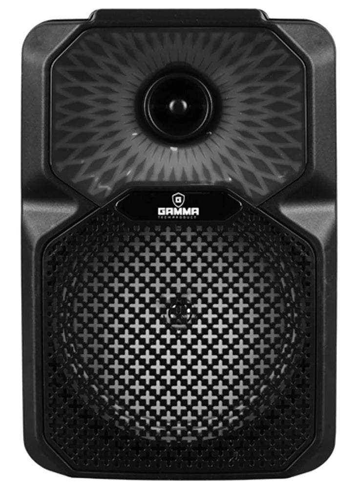 جاما مكبر صوت محمول GT-886 مع ميكروفون سلكي، ومضخم صوت (Subwoofer) مقاس 8 بوصات، وصوت قوي بقدرة 8 واط، وبطارية قابلة لإعادة الشحن بسعة 1200 مللي أمبير في الساعة، وإضاءة RGB؛ يدعم منافذ USB وبطاقة TF وAUX ومدخل ميكروفون، ومثالي لحفلات الكاريوكي. - Image 2