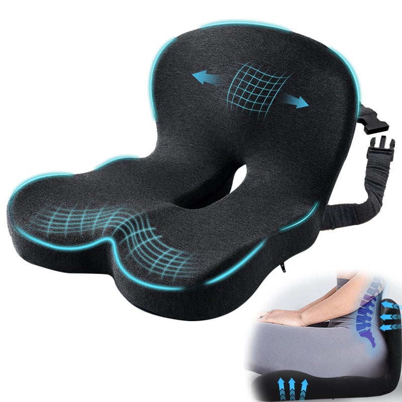 Mosxoed Ergonomic Seat Cushion with Adjustable Strap, Memory Foam Office Chair Seat Cushion with L-Shaped Design, Car Seat Cushion Fits for Truck Driver Semi Truck, Gaming Chair, Desk, Dark Gray - Image 1