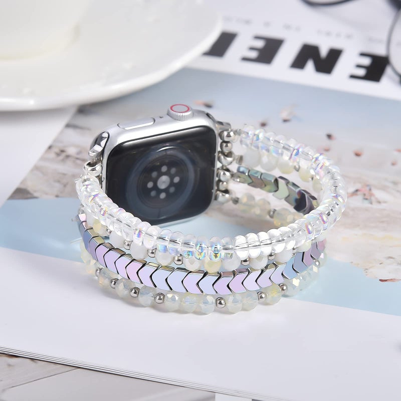 MOFREE Beaded Bracelet Compatible with Apple Watch Band 38mm/40mm/41mm/42mm, Fashion Elastic Stretch Women Bands for iWatch Series 11/10/9/8/7/SE/6/5/4/3/2/1 iPhone Watch Strap Bands Iridescence - Image 2