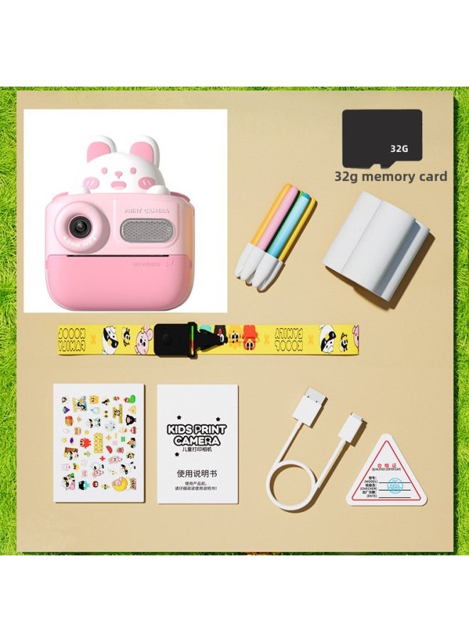 Generic Children's Printing Camera Polaroid HD SLR Dual Lens Photo-taking Video Camera Toy-Color:k64 Cute Rabbit +3 Rolls Photo Paper (32g Memory)  - Image 1