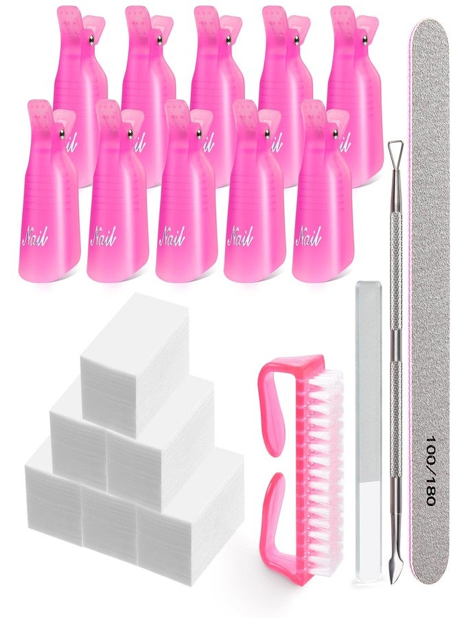 MORGLES Nail Polish Remover Clips, Gel Polish Remover Kit with 10 Pcs Nail Clips, 300 Pcs Cotton Pads, 100/180 File, Glass Shiner, Cuticle Pusher and Brush-Pink - Image 1