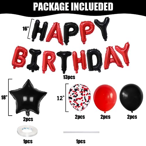 Paeyeq Black Red Happy Birthday Balloons Banner 16Inch Foil Happy Birthday Letter Balloons Happy Birthday Banner Balloons with Red Confetti Balloons Star Foil Balloons for Birthday Party Decorations - Image 5