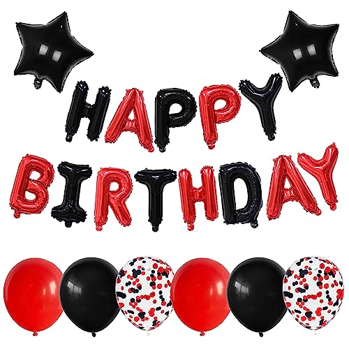 Paeyeq Black Red Happy Birthday Balloons Banner 16Inch Foil Happy Birthday Letter Balloons Happy Birthday Banner Balloons with Red Confetti Balloons Star Foil Balloons for Birthday Party Decorations - Image 1