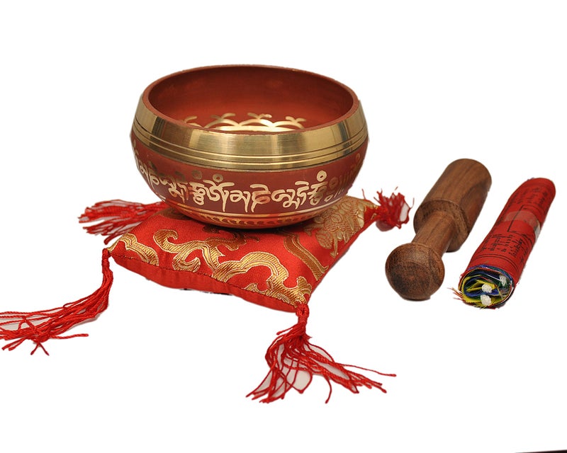 Dharma Store Tibetan Singing Bowl Set By Dharma Store With Traditional Design Tibetan Buddhist Prayer Flag Handmade in Nepal Red - Image 2