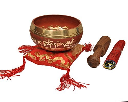 Dharma Store Tibetan Singing Bowl Set By Dharma Store With Traditional Design Tibetan Buddhist Prayer Flag Handmade in Nepal Red - Image 1