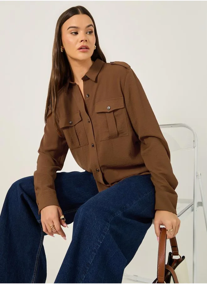 Styli Solid Long Sleeve Shirt with Utility Pocket Detail