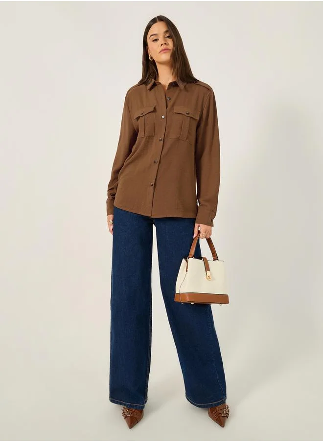 ستايلي Solid Long Sleeve Shirt with Utility Pocket Detail