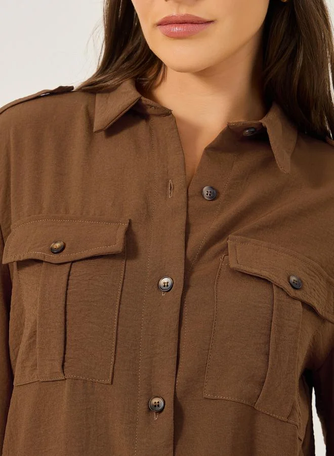 Styli Solid Long Sleeve Shirt with Utility Pocket Detail