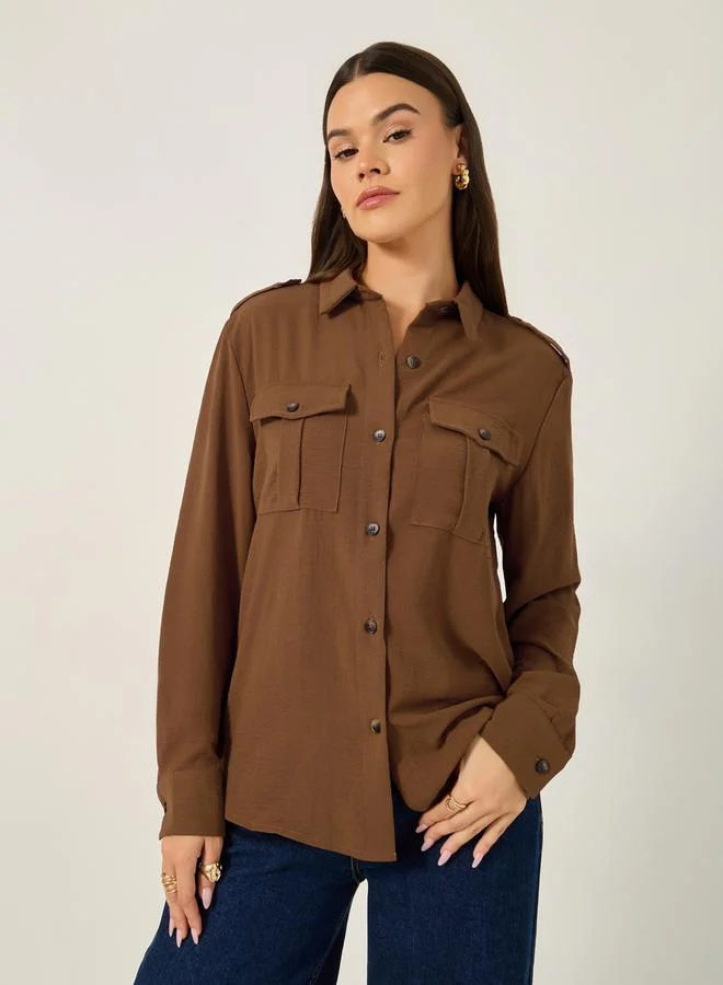 Styli Solid Long Sleeve Shirt with Utility Pocket Detail