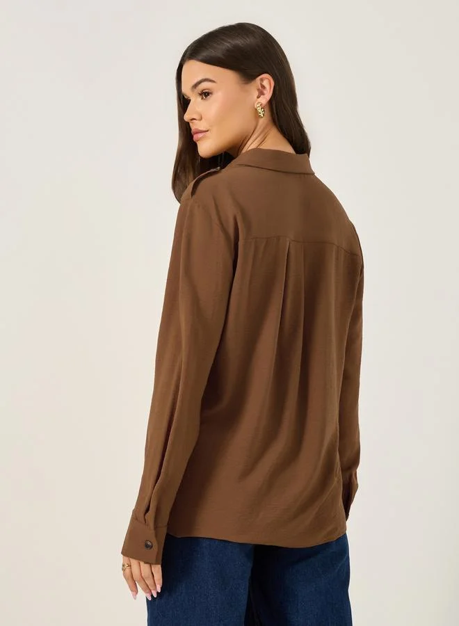 Styli Solid Long Sleeve Shirt with Utility Pocket Detail