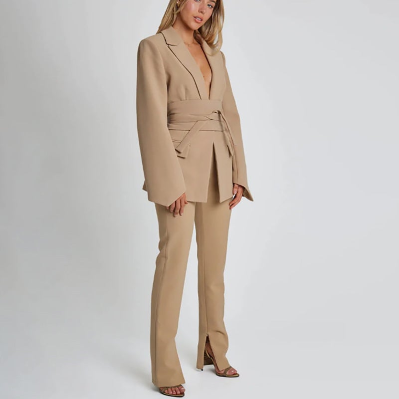 Fashion Solid Color Long Sleeve Cardigan Strap Coat Womens Casual Elegant Autumn and Winter Belt Design Sense suit Pants for Women Khaki suit
