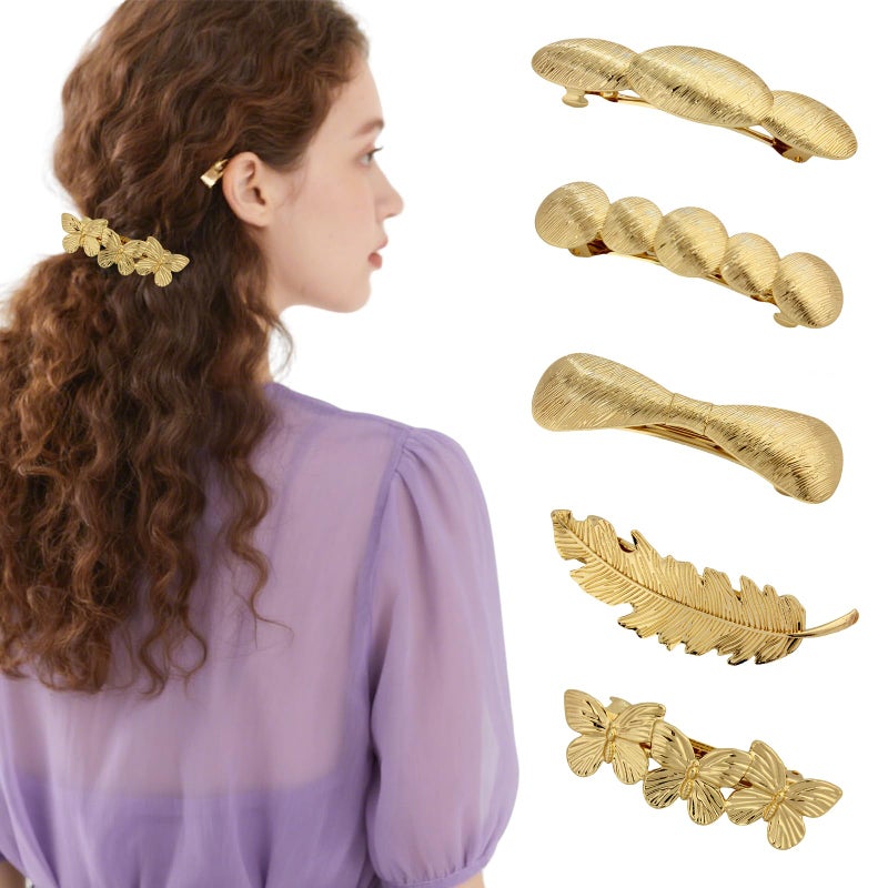 Snmzlc 5 Pcs Hair Barrettes for Women,Barrettes for Fine Thin Thick Hair,Metal diagonal stripes Vintage French Barrette Clips Hair Accessories for Women & Girls(Gold)US330 (Gold Fine diagonal stripes) - Image 1