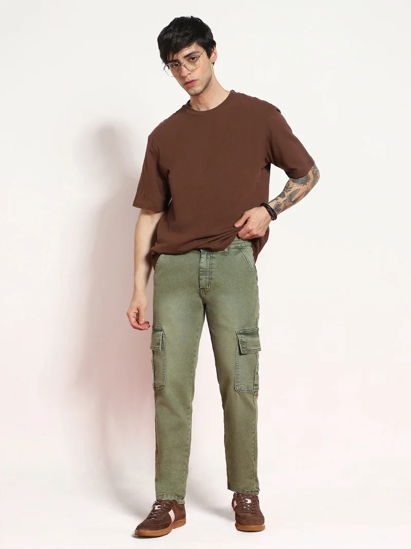 Urbano Fashion  Urbano Fashion Men's Olive Green Regular Fit Washed Cargo Jeans with 6 Pockets Stretchable  | Best Price UAE