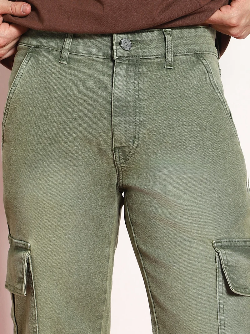 Urbano Fashion  Urbano Fashion Men's Olive Green Regular Fit Washed Cargo Jeans with 6 Pockets Stretchable  | Best Price UAE
