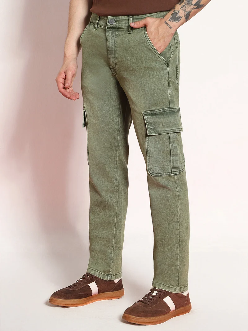 Urbano Fashion  Urbano Fashion Men's Olive Green Regular Fit Washed Cargo Jeans with 6 Pockets Stretchable  | Best Price UAE